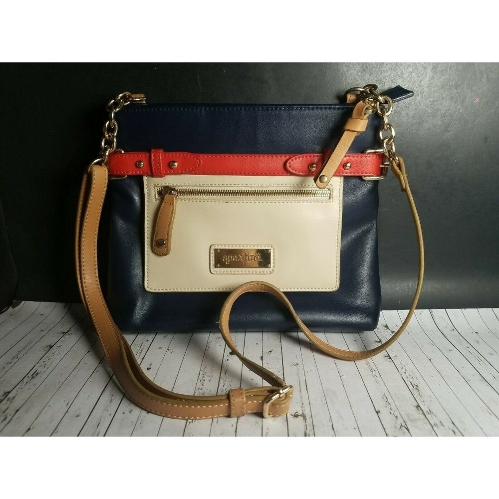 Spartina Shoulder Crossbody Bag Blue Red Tan Gold Tone Pockets EUC See Pics Info